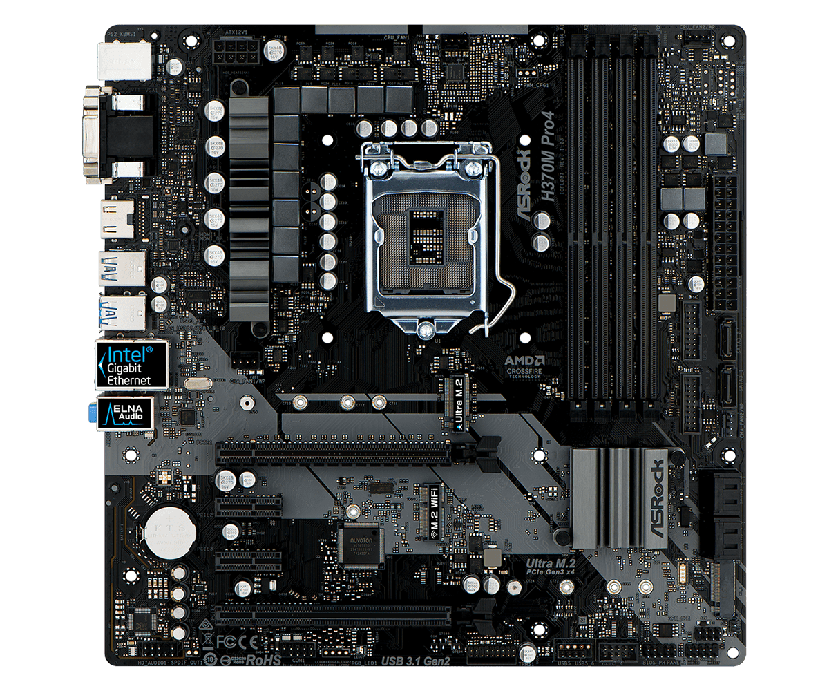 ASRock H370M Pro4 LGA1151 motherboard - top view showing CPU socket, RAM slots, power delivery components, M.2 slot, and connectivity ports