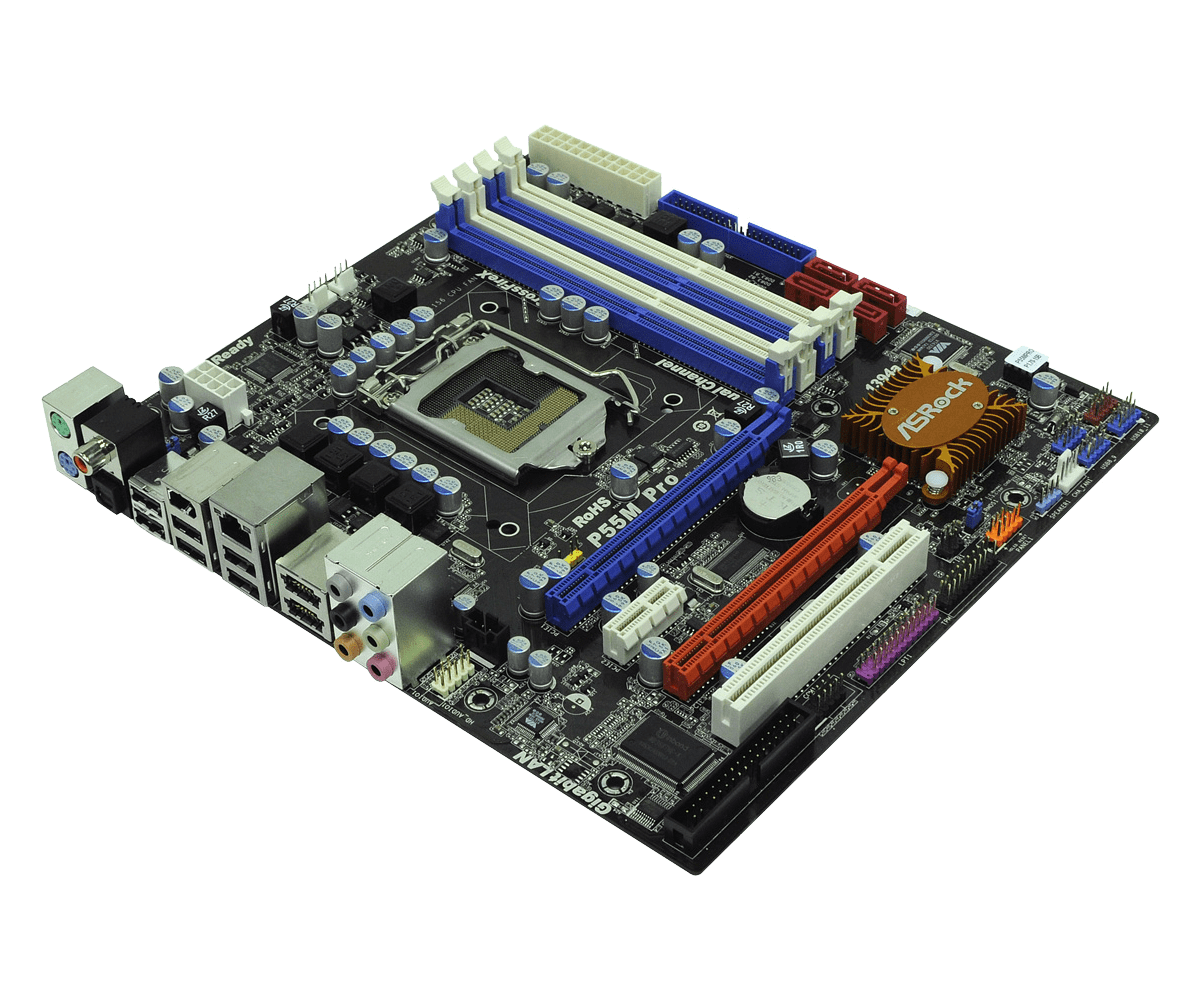Asrock P55M Pro LGAA1156 motherboard, top-down angled view showing CPU socket, RAM slots, PCIe slots, power connectors, heatsinks, and rear I/O ports