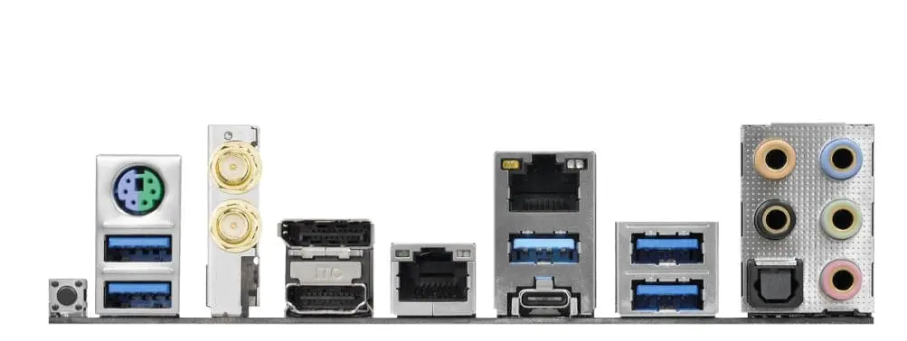 ASRock Z270 Taichi LGA1151 motherboard - I/O backplate showing ports and connectors including USB, audio jacks, and network connection