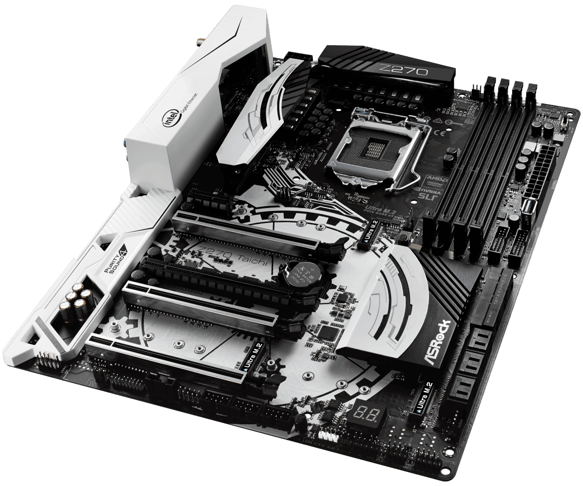 ASRock Z270 Taichi Socket 1151 moederbord bovenaanzicht met CPU-koeler en RAM-geheugenmodules geïnstalleerd