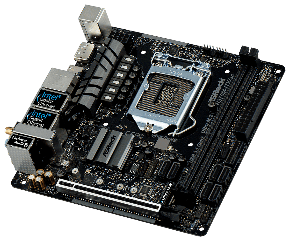 ASRock H370M-ITX/ac socket 1151 moederbord, bovenaanzicht met geïnstalleerde CPU-koeler en zichtbare componenten inclusief Intel Gigabit Ethernet poorten en audio-aansluiting