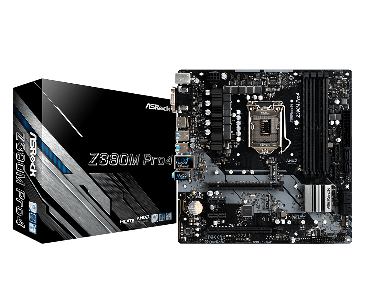 ASRock Z390M Pro4 Retail 1151 moederbord - bovenaanzicht met verpakking, toont circuitboard met Intel LGA1151-socket, DIMM-slots, PCIe-slots, SATA-aansluitingen en diverse chipset-componenten