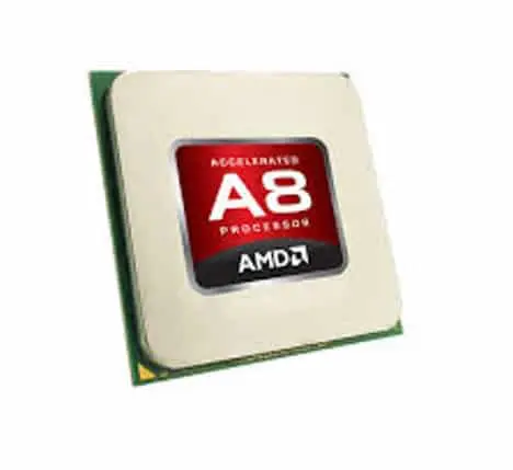 AMD A8 5600K FM2 processor shown from top angled view displaying the red A8 label and gold contact pins on green base