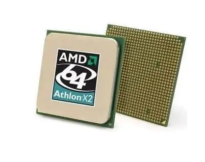 AMD Athlon 64 X2 5000+ processor shown from front and back view, displaying the branded top surface and gold-contact pin grid array bottom surface