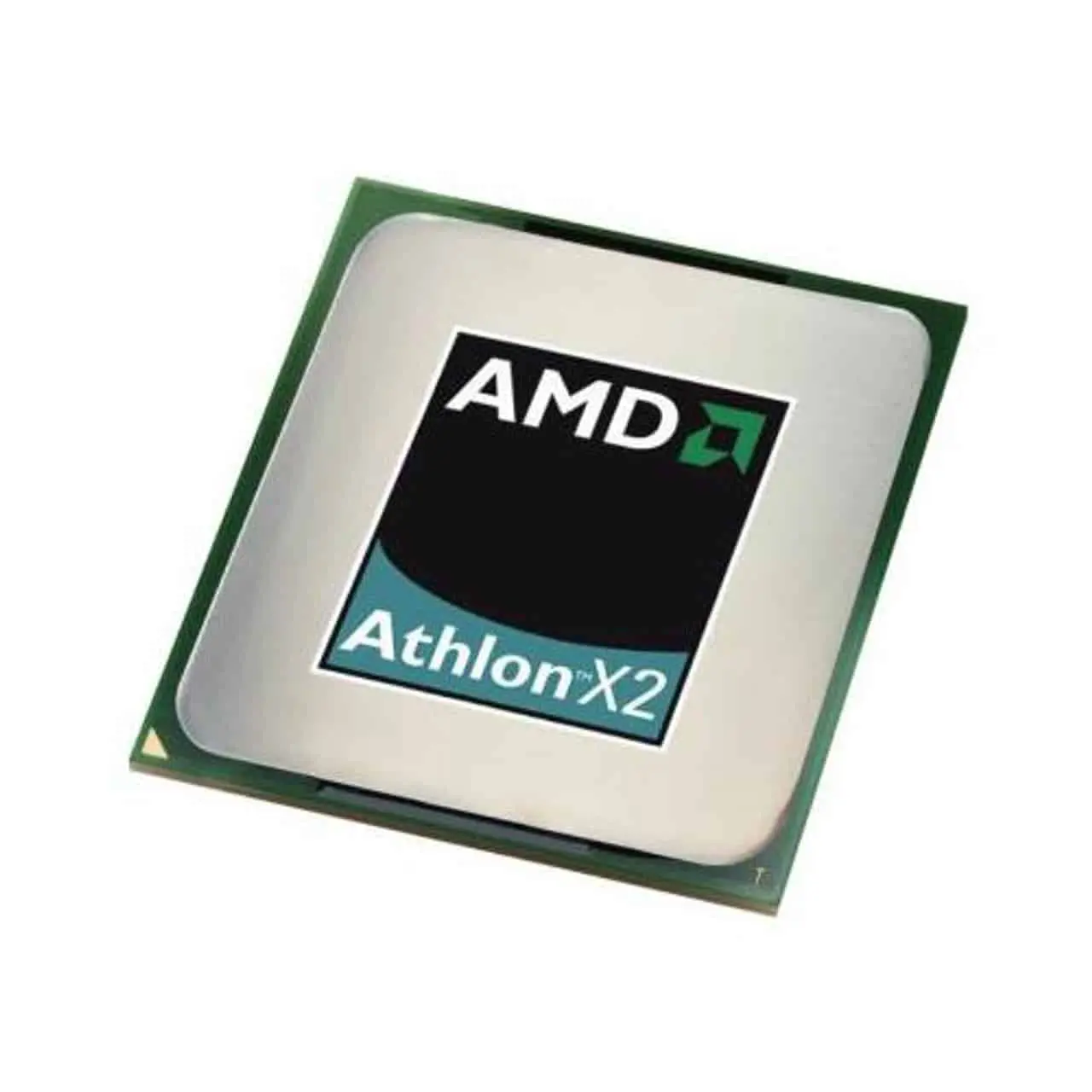 AMD Athlon II X2 240 processor chip, top view showing green circuit board with silver heat spreader and product branding label