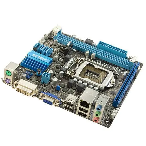 Asus P8H61-I LX/RM/SI socket 1155 moederbord - bovenaanzicht met blauwe heatsinks, processor socket, RAM-slots en I/O-aansluitingen zichtbaar