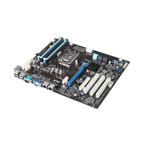 Asus P9D-X socket 1150 server moederbord - bovenaanzicht met RAM-slots, CPU-socket, uitbreidingsslots en I/O-connectors