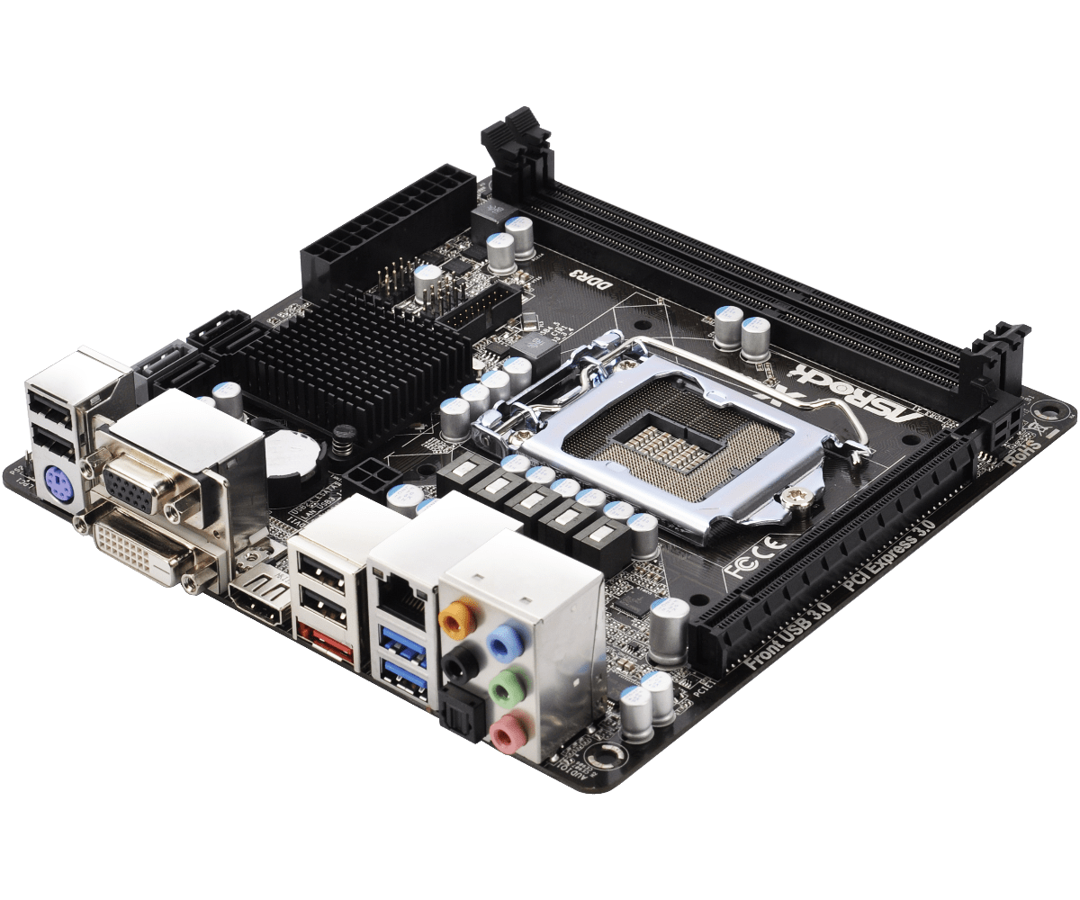 ASRock B75M-ITX socket 1155 moederbord, isometrisch aanzicht met zichtbare CPU-socket, RAM-slots, uitbreidingsslots, geïntegreerde heatsink en I/O-paneel met audio-, USB- en netwerkconnectoren