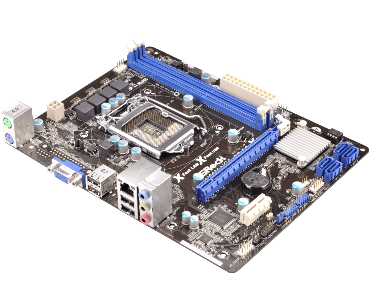 Asrock H61M-VG4 socket 1155 moederbord, bovenaanzicht met zichtbare RAM-slots, CPU-socket, stroomconnectors en achterkantpaneel