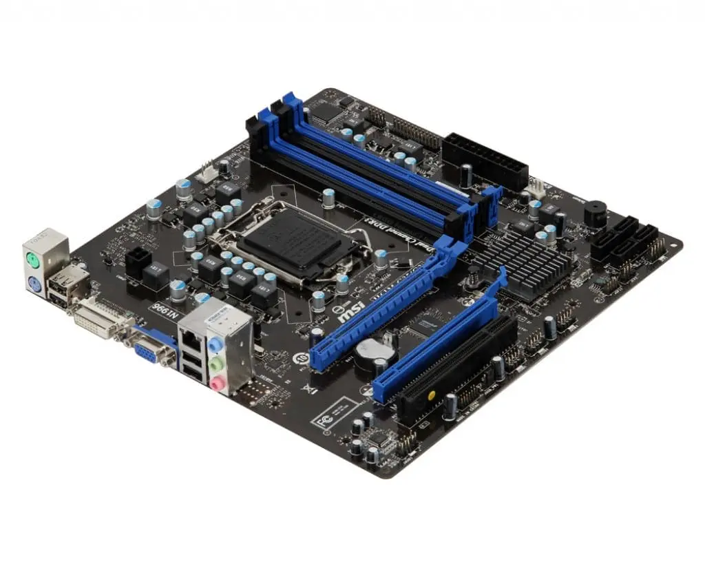 MSI H61M-G35 (G3) socket 1155 moederbord, bovenaanzicht met blauwe RAM-sleuven, zwarte PCB en I/O-paneel met USB- en audio-aansluitingen zichtbaar aan de linkerkant