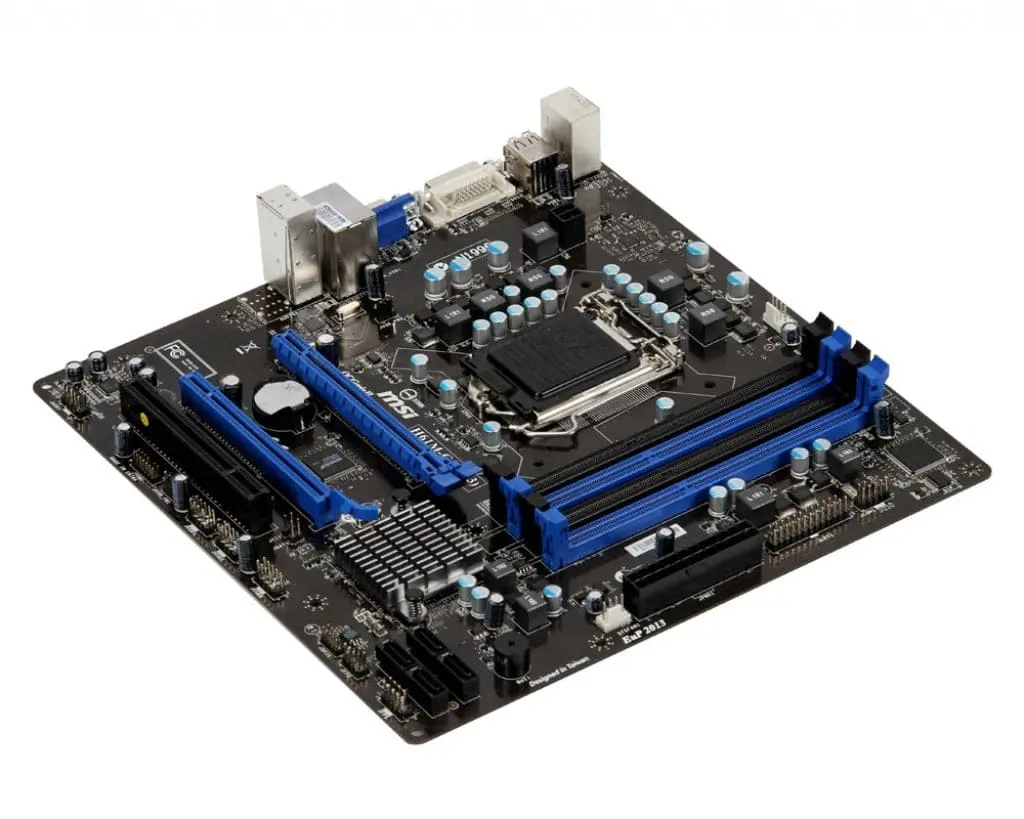 MSI H61M-G35 (G3) LGA1155 Motherboard top view showing blue RAM slots, CPU socket, power connectors, and various capacitors and components on dark PCB