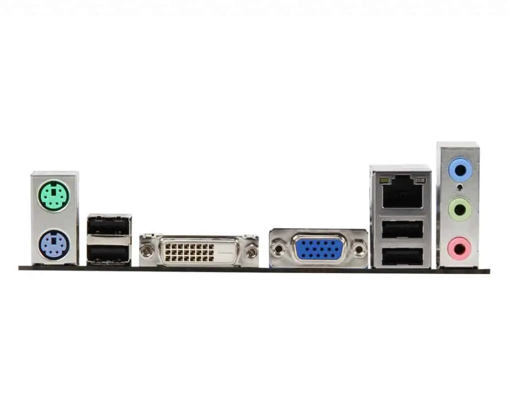 MSI H61M-G35 (G3) LGA1155 Motherboard - rear I/O panel showing PS/2 connectors, USB ports, DVI and VGA video outputs, and audio jacks