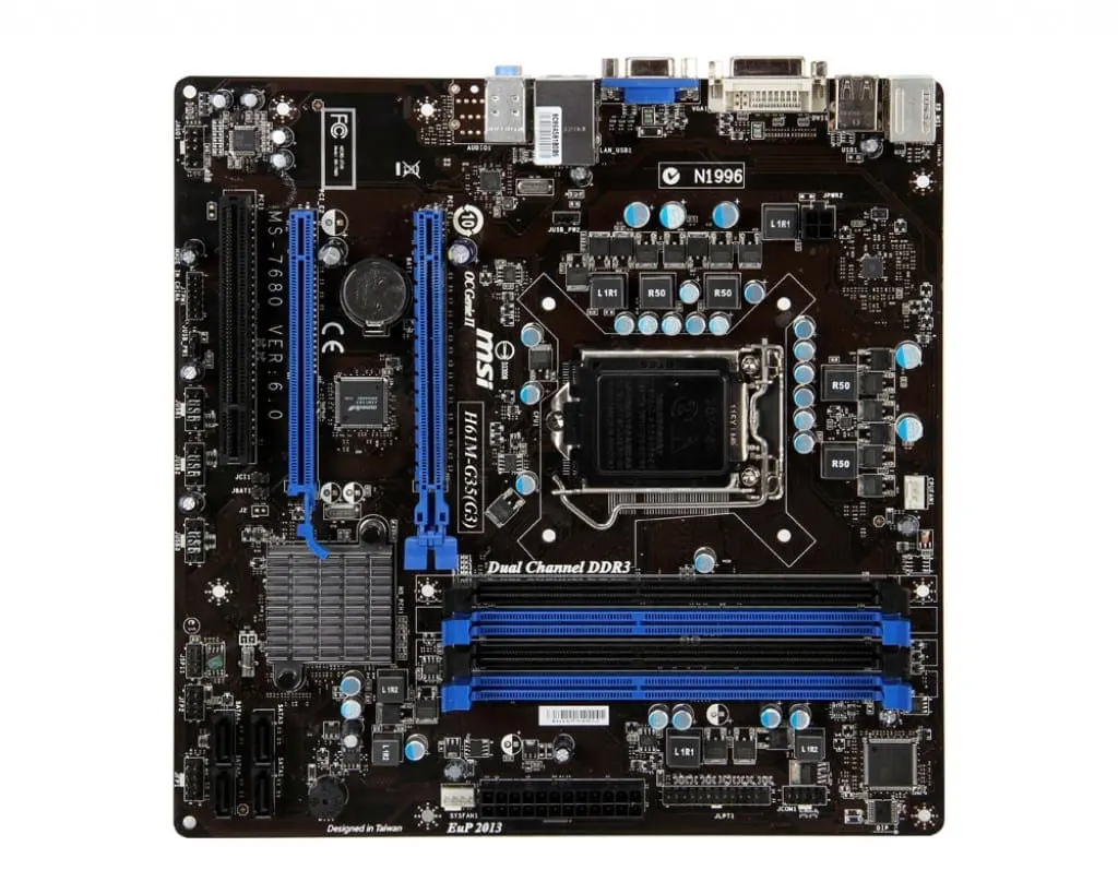MSI H61M-G35 (G3) LGA1155 Motherboard - front view showing CPU socket, DDR3 memory slots, power connectors, and blue expansion slots on black PCB