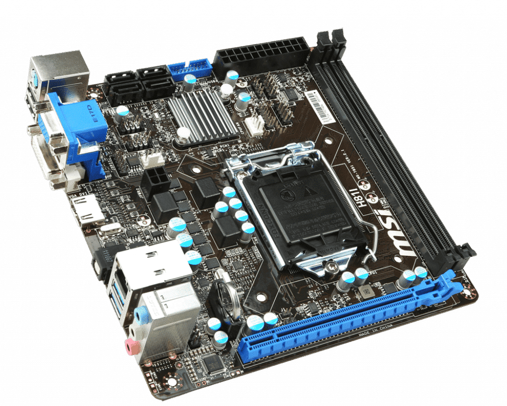 MSI H81I Socket 1150 Moederbord - bovenaanzicht met CPU-socket, RAM-slots, power connectors en uitbreidingskaarten zichtbaar