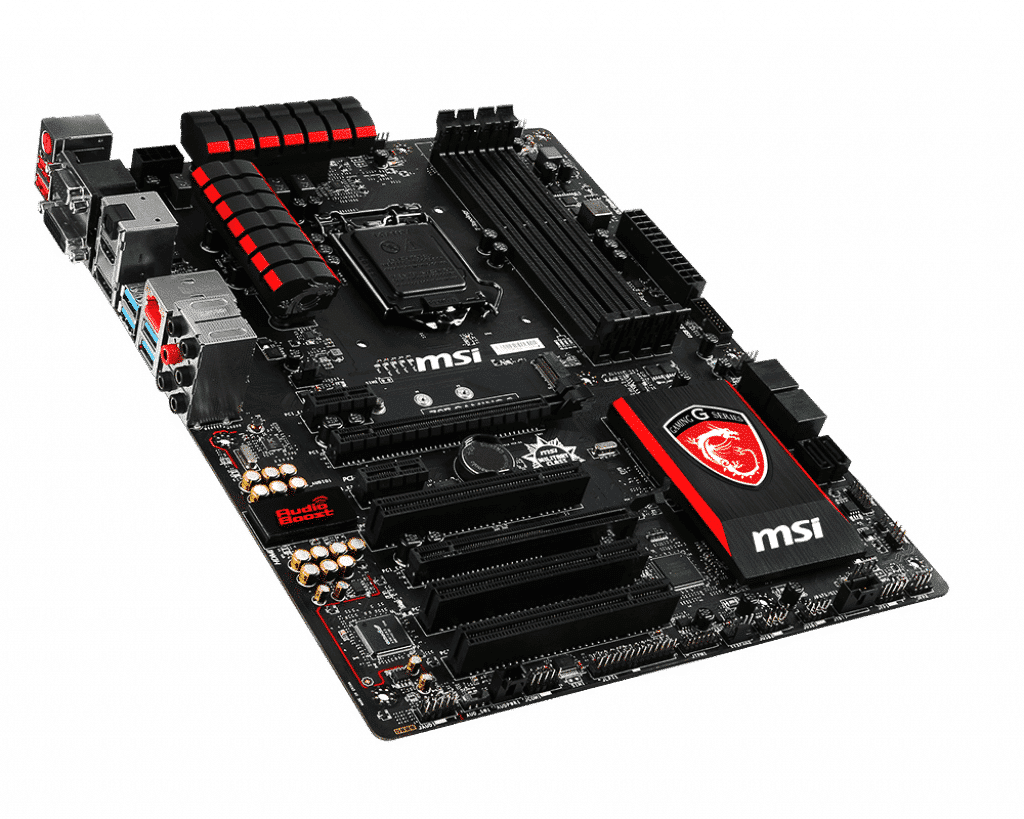 MSI Z97 Gaming 3 LGA1150 Motherboard angled top-down view showing black PCB with red accents, RAM slots, CPU socket, power connectors, and heatsinks