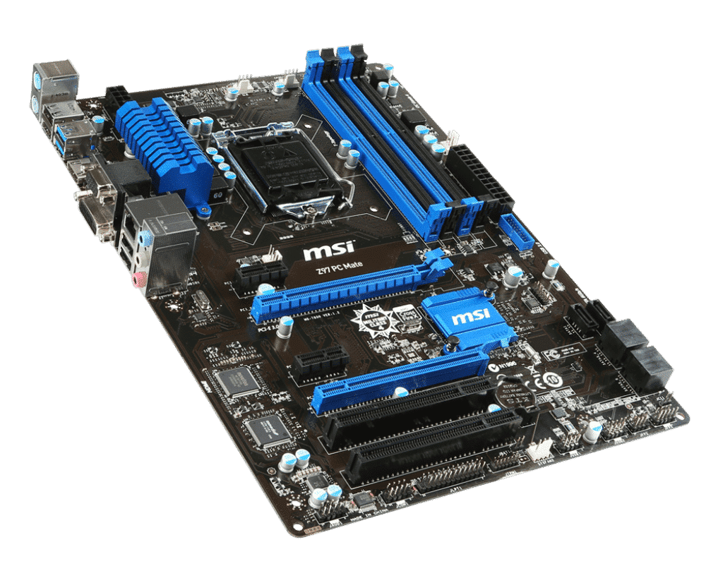 MSI Z97 PC MATE Socket 1150 Moederbord - bovenaanzicht met blauwe RAM-slots, CPU-socket en uitgebreide voedingscomponenten