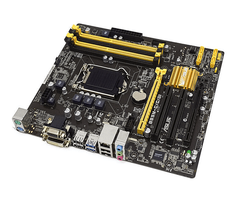 Asus B85M-C/C/SI socket 1150 moederbord bovenaanzicht met gele en zwarte PCI-Express slots, CPU socket en achterkant I/O poorten