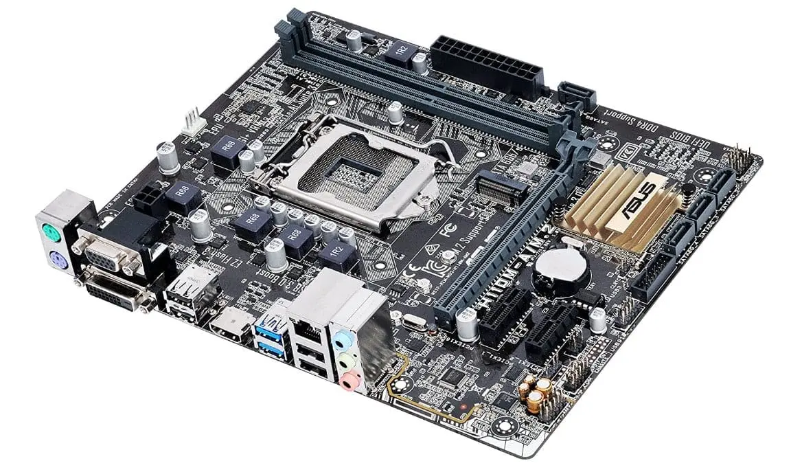 Asus H110M-A/M.2 Socket 1151 moederbord bovenaanzicht met CPU-socket, RAM-slots, uitbreidingssloten en I/O-aansluitingen