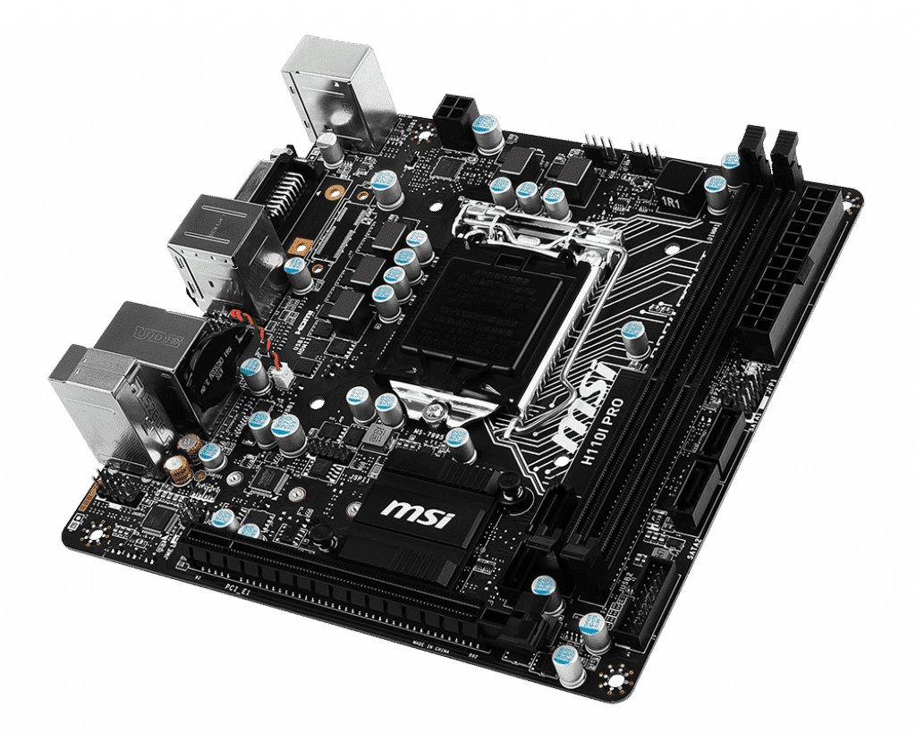 MSI H110I Pro LGA1151 motherboard top view showing CPU socket, power delivery components, RAM slots, and I/O connectors