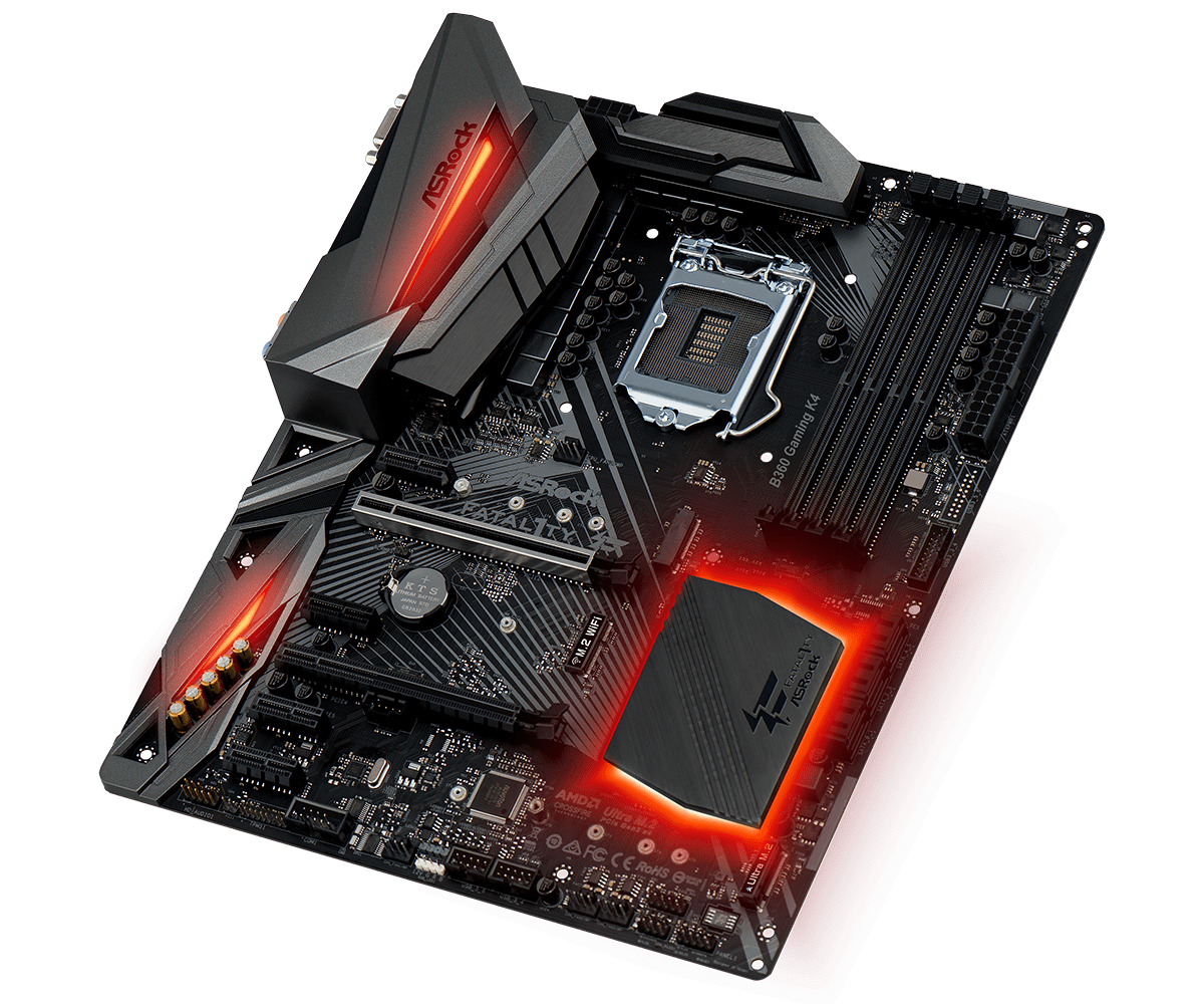 ASRock Fatal1ty B360 Gaming K4 Socket 1151 moederbord bovenaanzicht met rode RGB-verlichting op VRM-koellichamen en RAM-slots