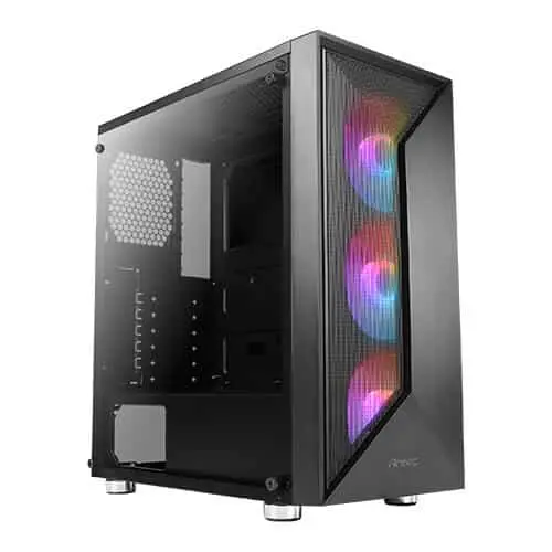 Front view of AMD Ryzen 5 5500 GTX1650 gaming PC with black mid-tower case featuring RGB-illuminated front panel fans and tempered glass side panel