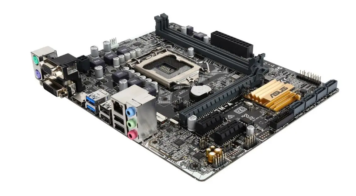 Asus H110M-A LGA1151 Motherboard top view showing CPU socket, RAM slots, expansion slots, power connectors, and I/O ports