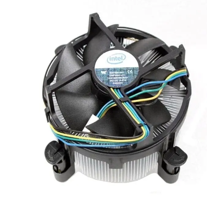 Intel Socket 1366 CPU cooler (E97380-001) top view showing black fan shroud with aluminum heatsink base and multicolored power connector wires