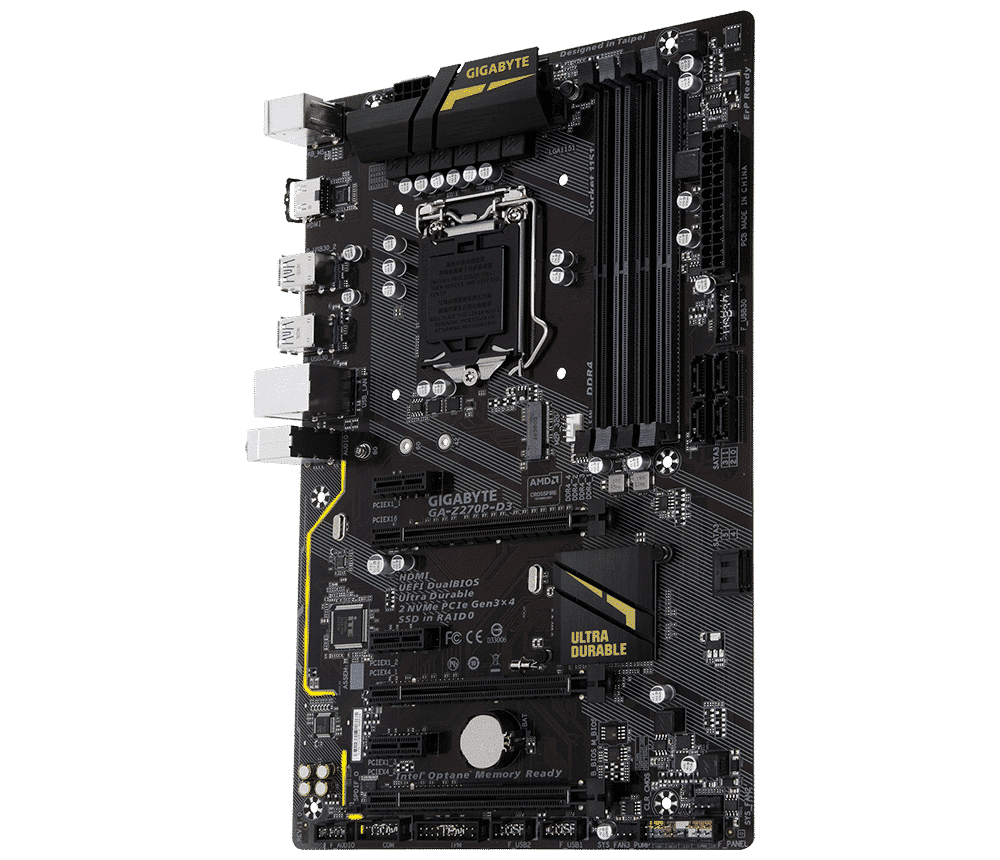 Gigabyte GA-Z270P-D3 LGA1151 Motherboard front view showing CPU socket, RAM slots, PCIe slots, power connectors, and chipset with black PCB and yellow accents