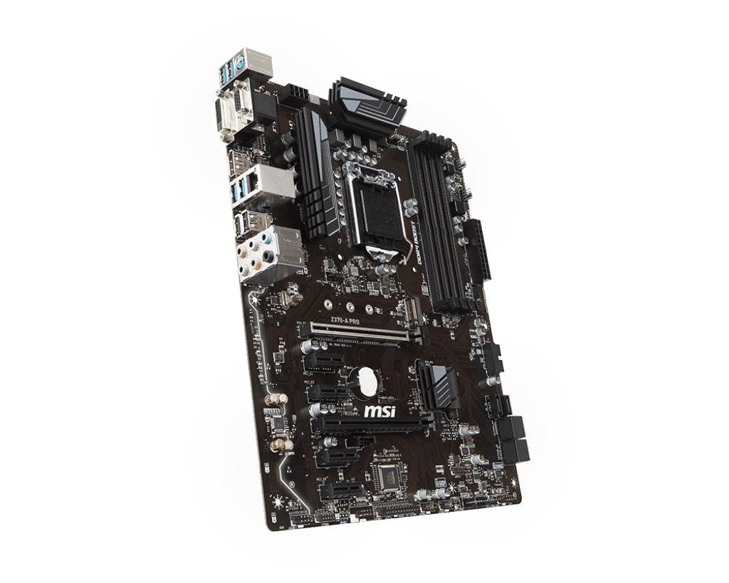 MSI Z370-A Pro Socket 1151 moederbord - bovenaanzicht met zichtbare CPU-socket, RAM-slots, M.2-sleuf, SATA-aansluitingen en achterplaat met USB-poorten