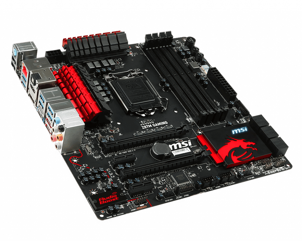MSI Z87M Gaming Socket 1150 Moederbord - bovenaanzicht met zichtbare CPU-socket, RAM-sloten, rode power connectors en geïntegreerde heatsinks