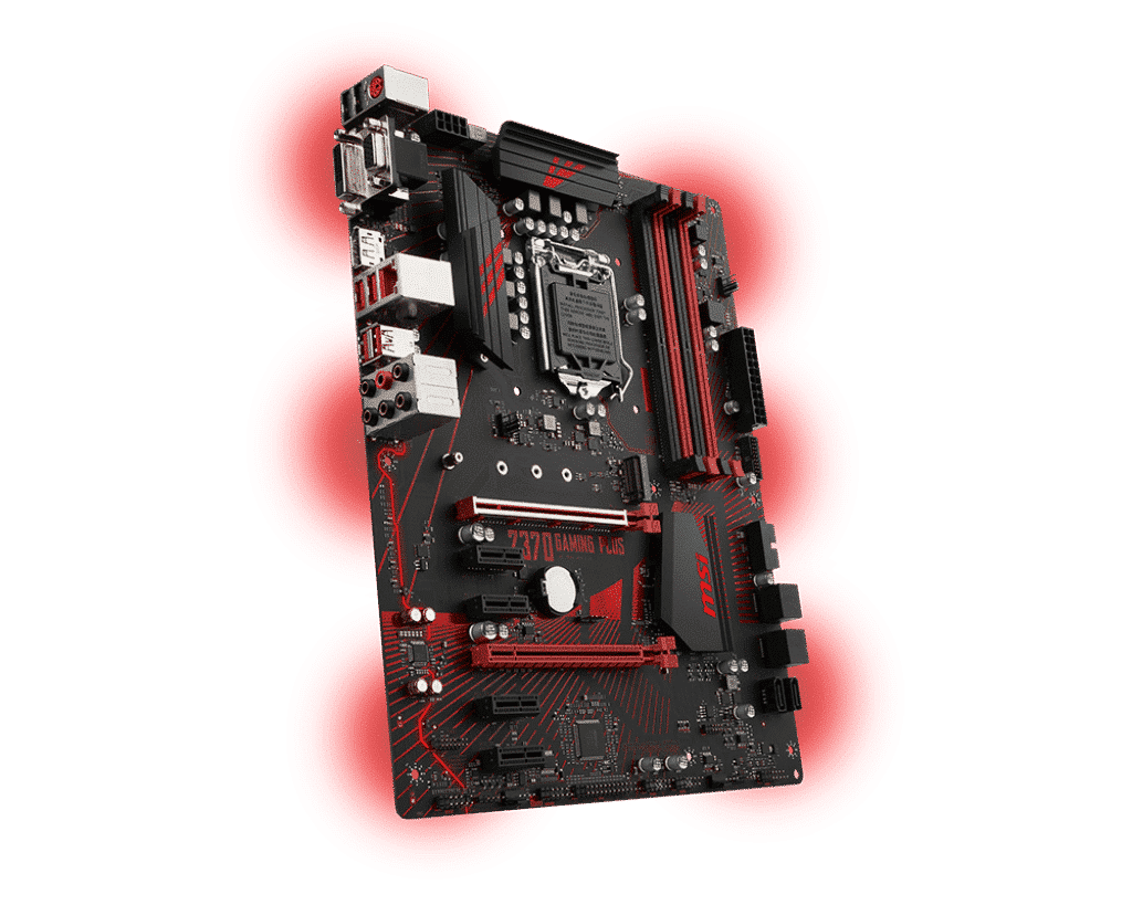 MSI Z370 Gaming Plus LGA1151 motherboard angled front view with red LED lighting effects highlighting the PCB, RAM slots, CPU socket, and power connectors