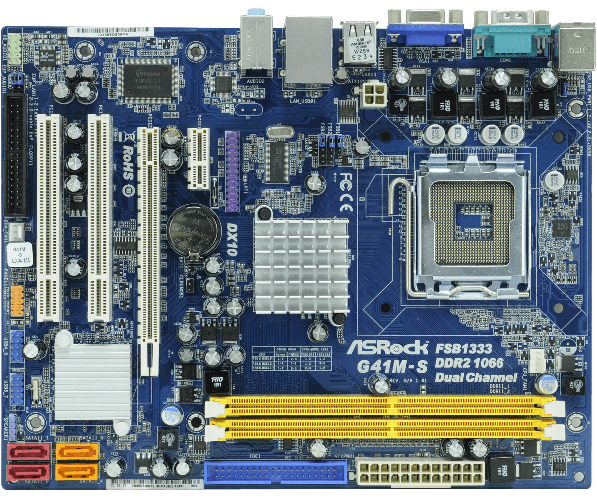ASRock G41M-S FSB1333 DDR2 1066 Dual Channel LGA775 Motherboard - top view showing full circuit board layout with CPU socket, RAM slots, power connectors, and I/O ports