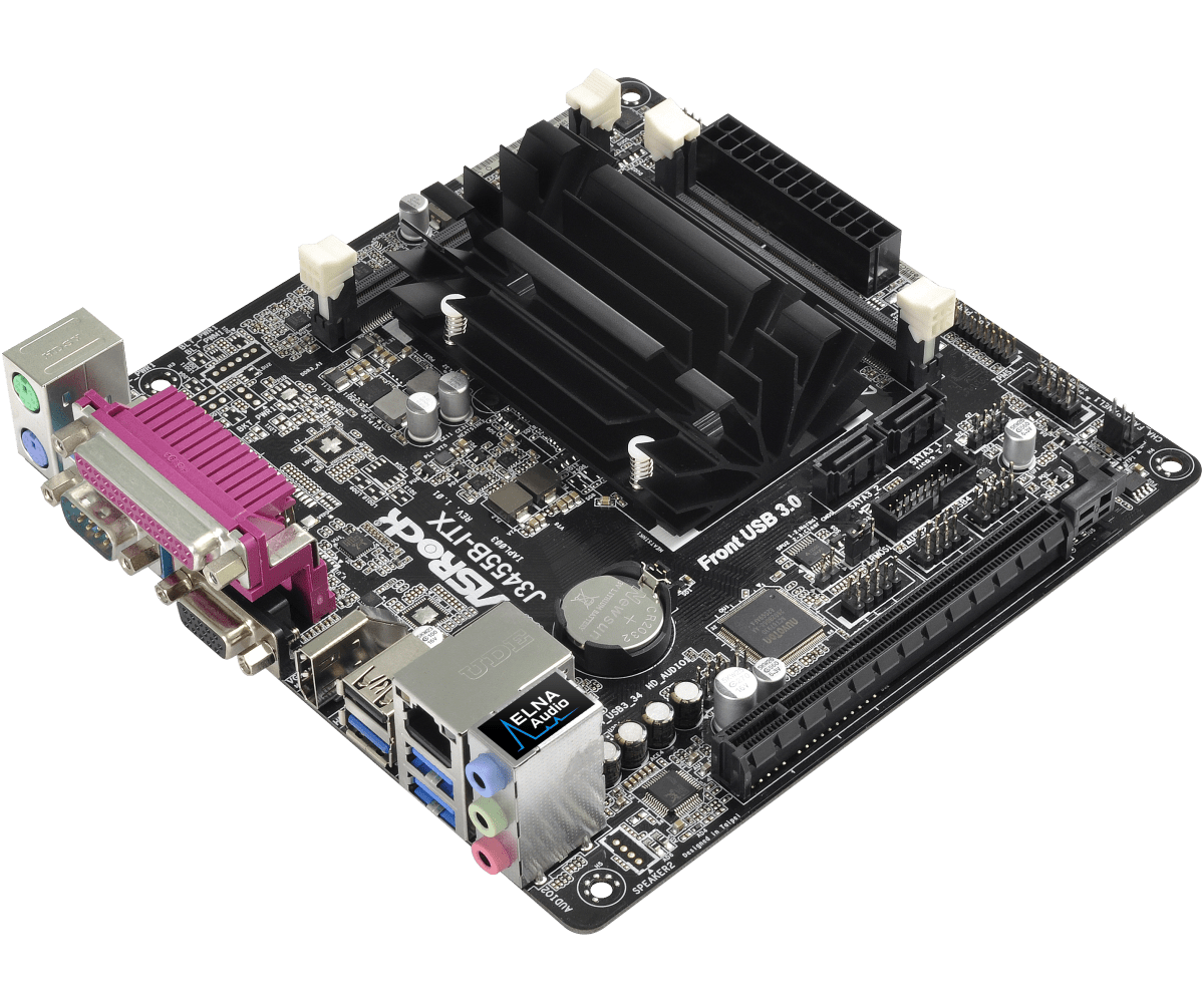 ASRock J3455B-ITX onboard Quad-Core CPU moederbord, bovenaanzicht met zichtbare RAM-slots, CPU-koeler, VGA- en audio-aansluitingen, USB 3.0-poort en ingebouwde componenten