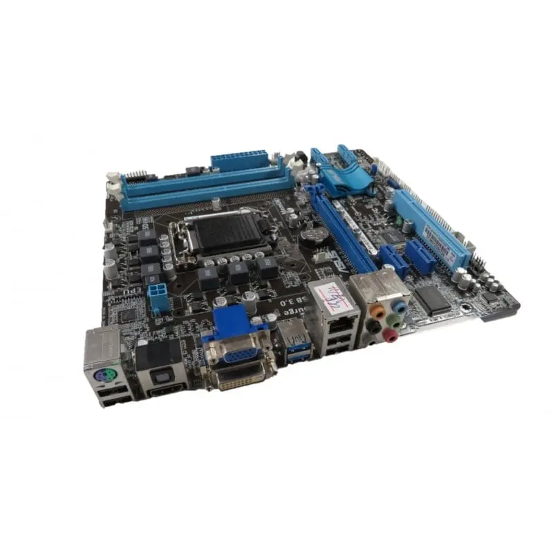 Asus P8H61-M PRO DP_MB motherboard top view showing blue heatsinks, CPU socket, RAM slots, and rear I/O connectors including VGA and audio ports