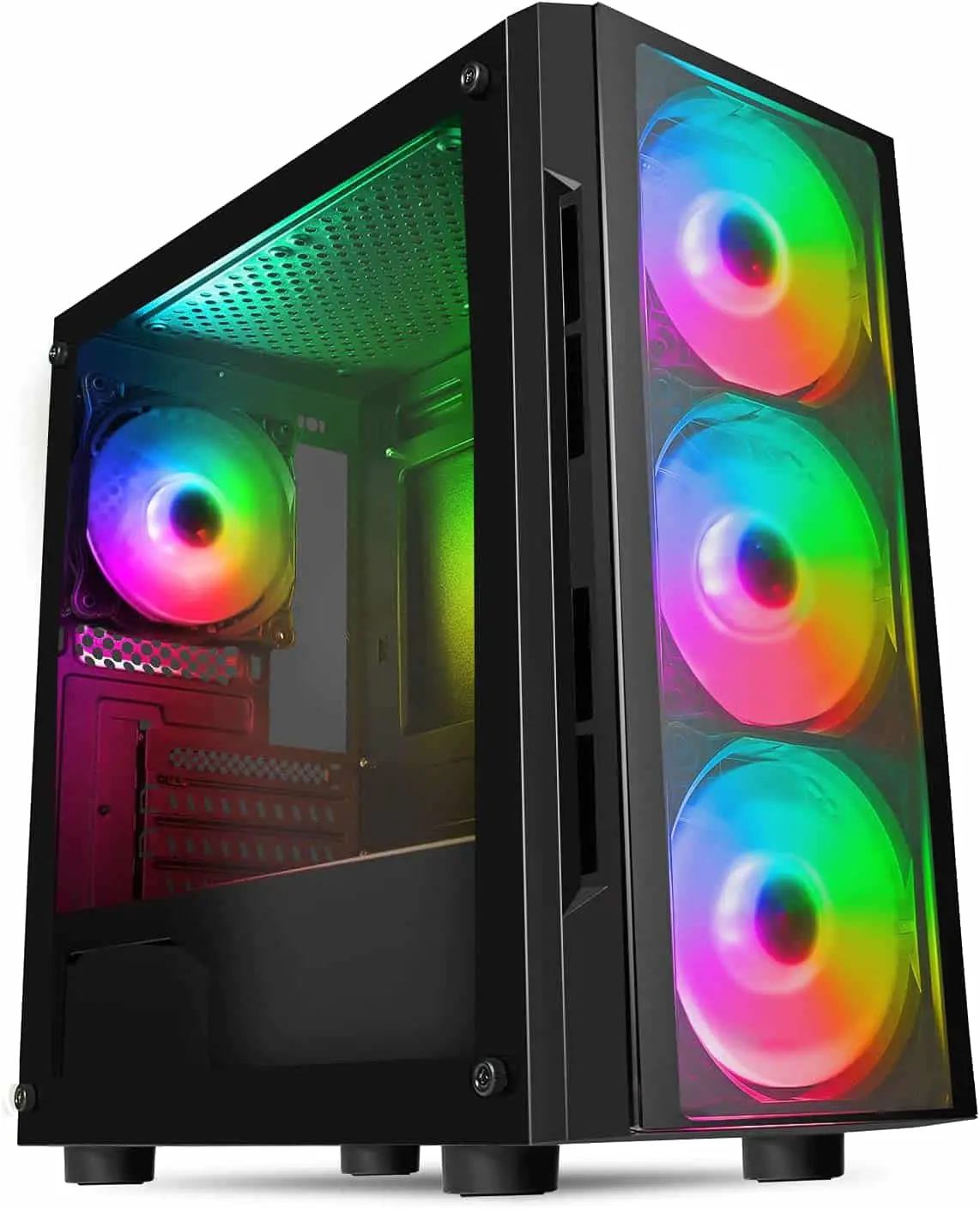GamePC: I5 11400F - GTX 1660 Super - 16GB - 480GB SSD - W11, front view showing black tower case with tempered glass side panel, four RGB rainbow-colored cooling fans (one on left side panel, three stacked on right front panel), and perforated mesh top panel