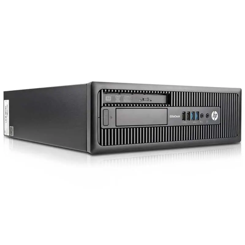HP EliteDesk 800 G1 SFF desktop computer, voorkant aanzicht met DVD-drive, USB-poorten en HP-logo zichtbaar