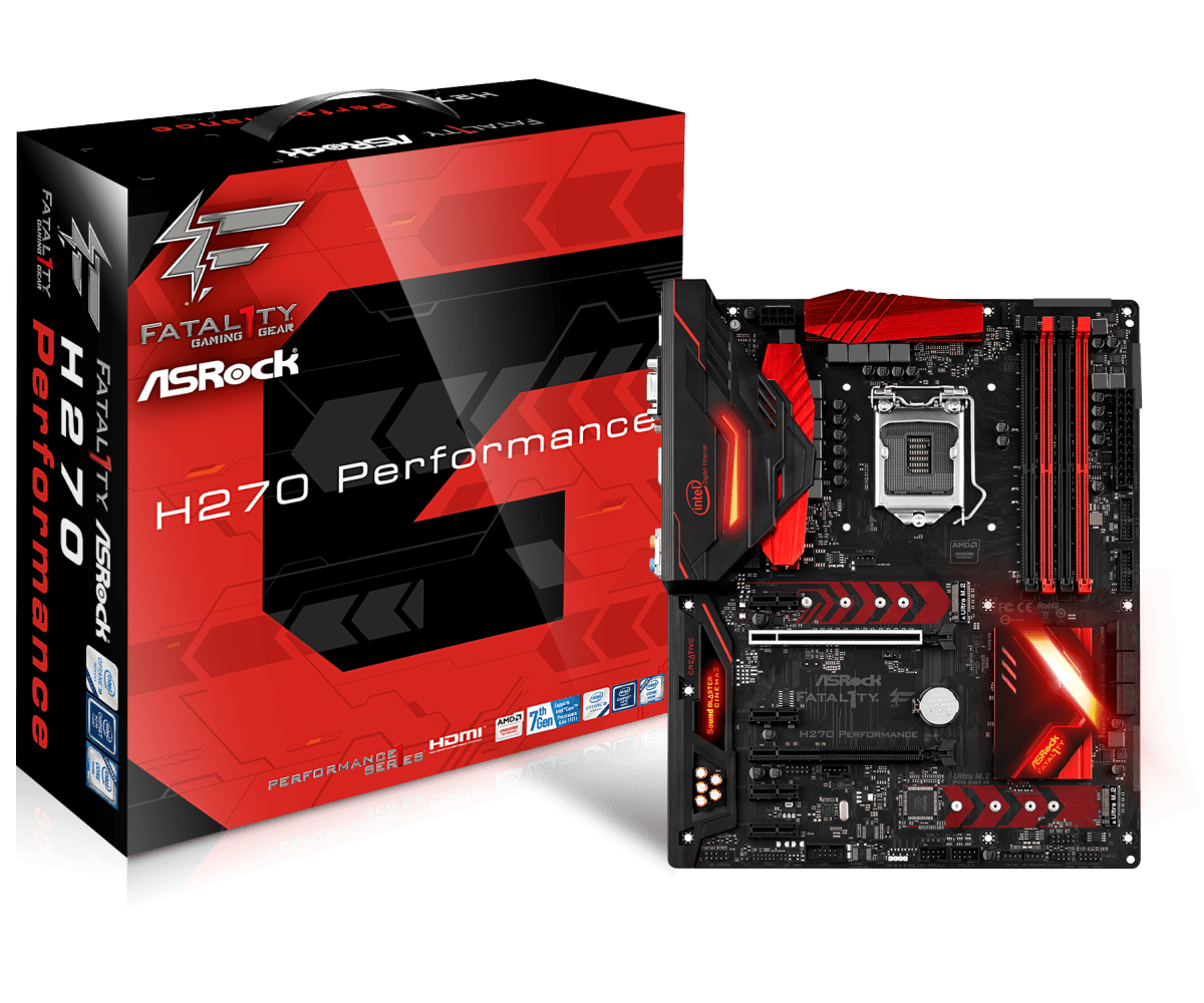 ASRock Fatal1ty H270M Performance LGA1151 Motherboard shown with product box and motherboard display featuring red and black design with integrated heatsink and I/O components