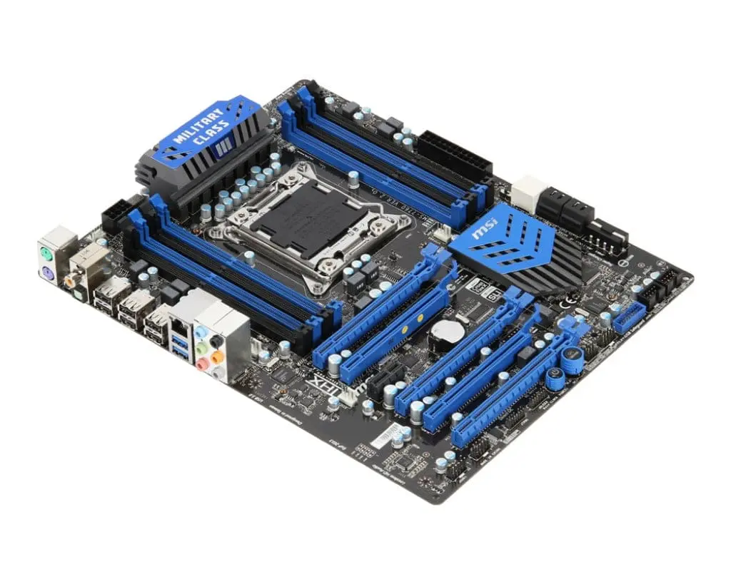 MSI X79A-GD45 (8D) Socket 2011 motherboard top view showing blue and black PCB with multiple RAM slots, CPU socket, expansion slots, and I/O ports