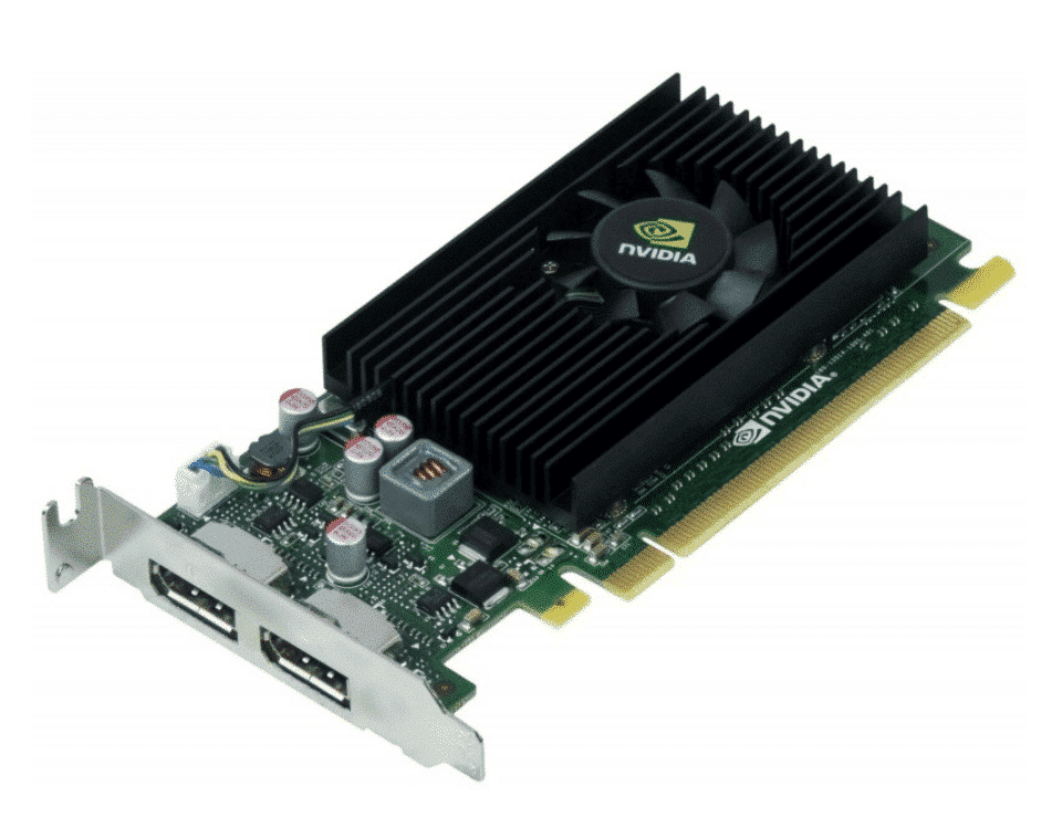 PNY nVidia Quadro NVS 310, 512MB, 2x DP - Low Profile, isometrisch aanzicht met zichtbare twee DisplayPort-aansluitingen, koelvinnen en ventilator