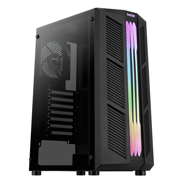 Front view of Intel Core I5 11400F - GTX 1650 - 16GB - 480GB SSD - W11 - Aerocool Prime V2 gaming PC case with illuminated RGB fan strips on the right side displaying pink, blue, green and yellow lighting effects