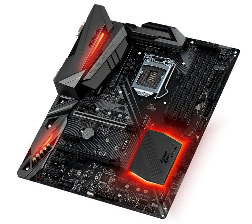 ASRock Fatal1ty H370 Performance Socket 1151 moederbord bovenaanzicht met verlichte RGB-elementen in rood, CPU-socket en uitgebreide voedingszone zichtbaar