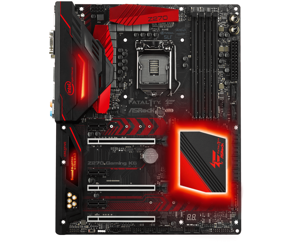 ASRock Fatal1ty Z270 Gaming K6 Socket 1151 moederbord - bovenaanzicht met rode RGB-verlichting en chipset-koeler geïllumineerd