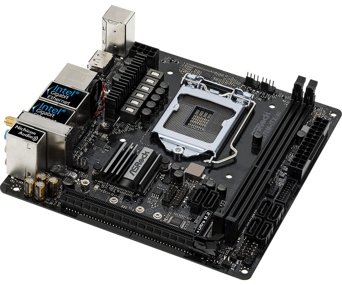 ASRock Z370M-ITX/ac LGA1151 motherboard top view showing CPU socket with heatsink, power delivery components, Intel Gigabit Ethernet ports, SATA connectors, and internal connectors on black PCB