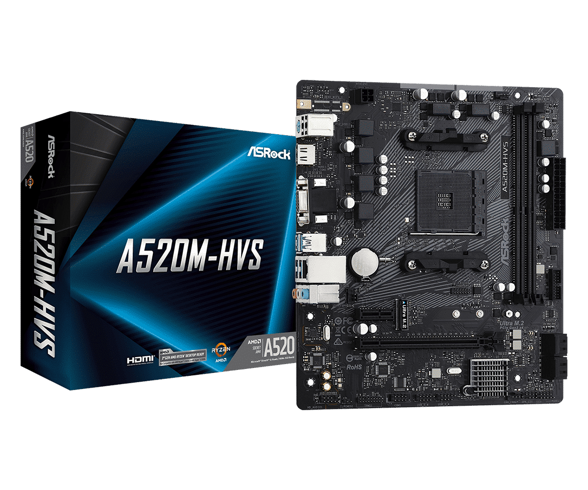 ASRock A520M-HVS AM4 motherboard shown with retail box packaging and top-down view of the circuit board displaying CPU socket, RAM slots, and component layout