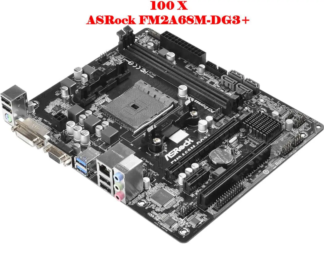 Partij: 100x ASRock FM2A68M-DG3+ FM2+ moederbord, bovenaanzicht met zichtbare socketzone, RAM-sleuven, PCI-Express-slots, VRM-componenten, SATA-aansluitingen en I/O-paneel met USB- en netwerkpo