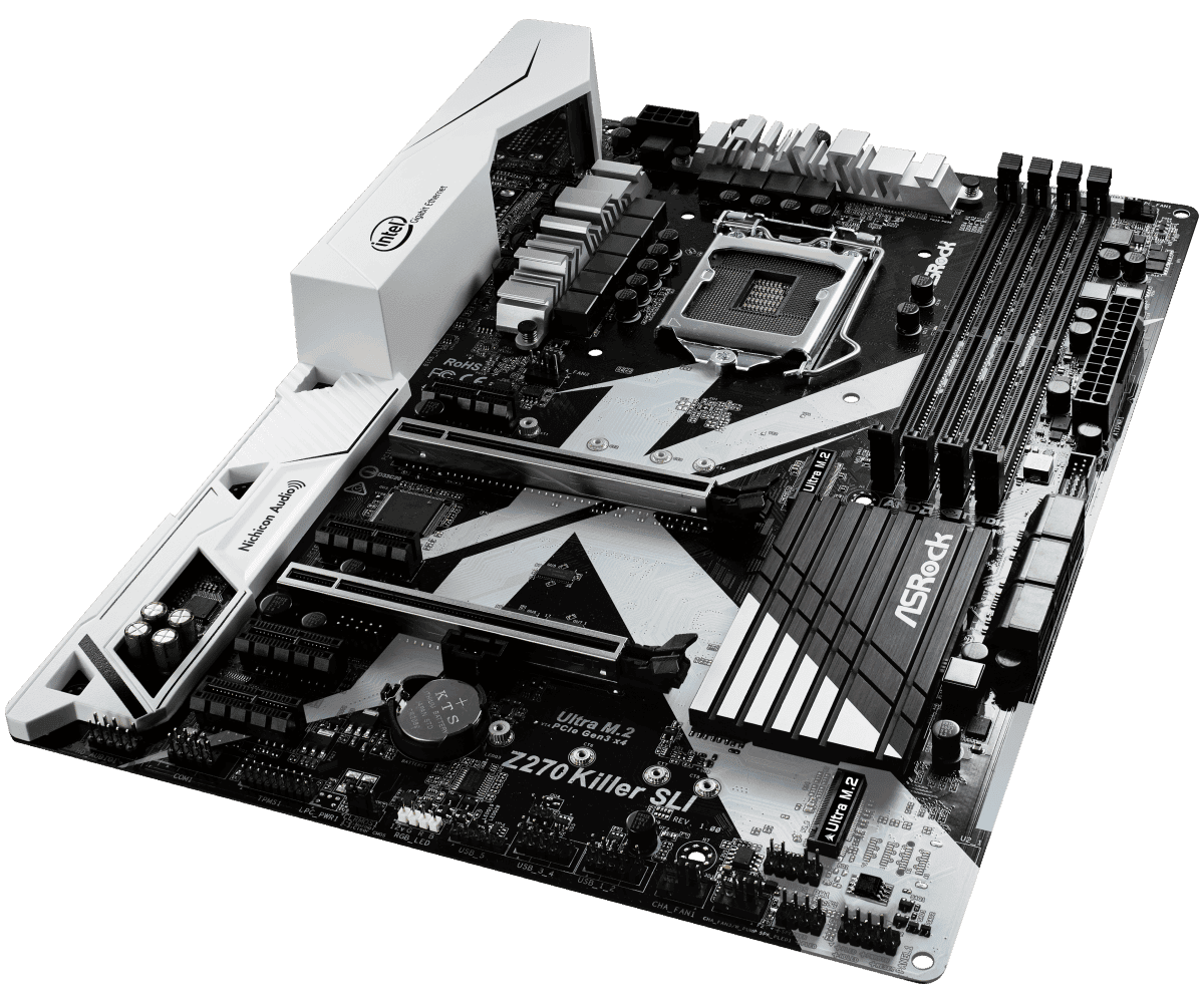 ASRock Z270 Killer SLI Socket 1151 moederbord, bovenaanzicht met geïnstalleerde CPU-koeler en RAM-modules