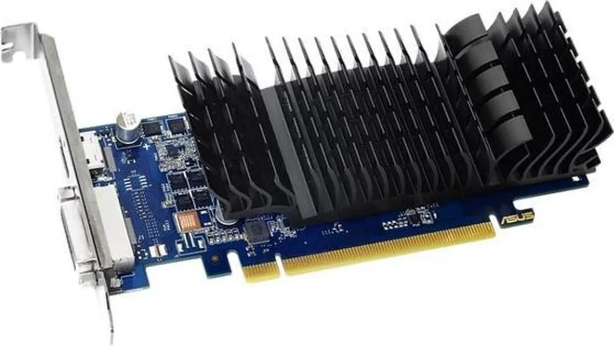 ASUS graphics card with dual massive black heatsinks and cooling fins, shown from an angled side view displaying the PCIe connector and metal bracket