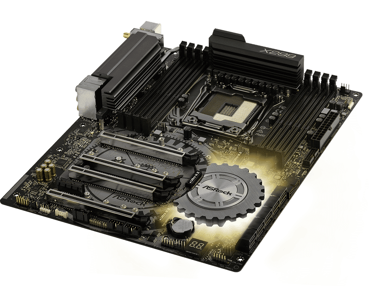 ASRock X299 Taichi XE motherboard top view showing CPU socket, RAM slots, PCIe slots, heatsinks, and power delivery components