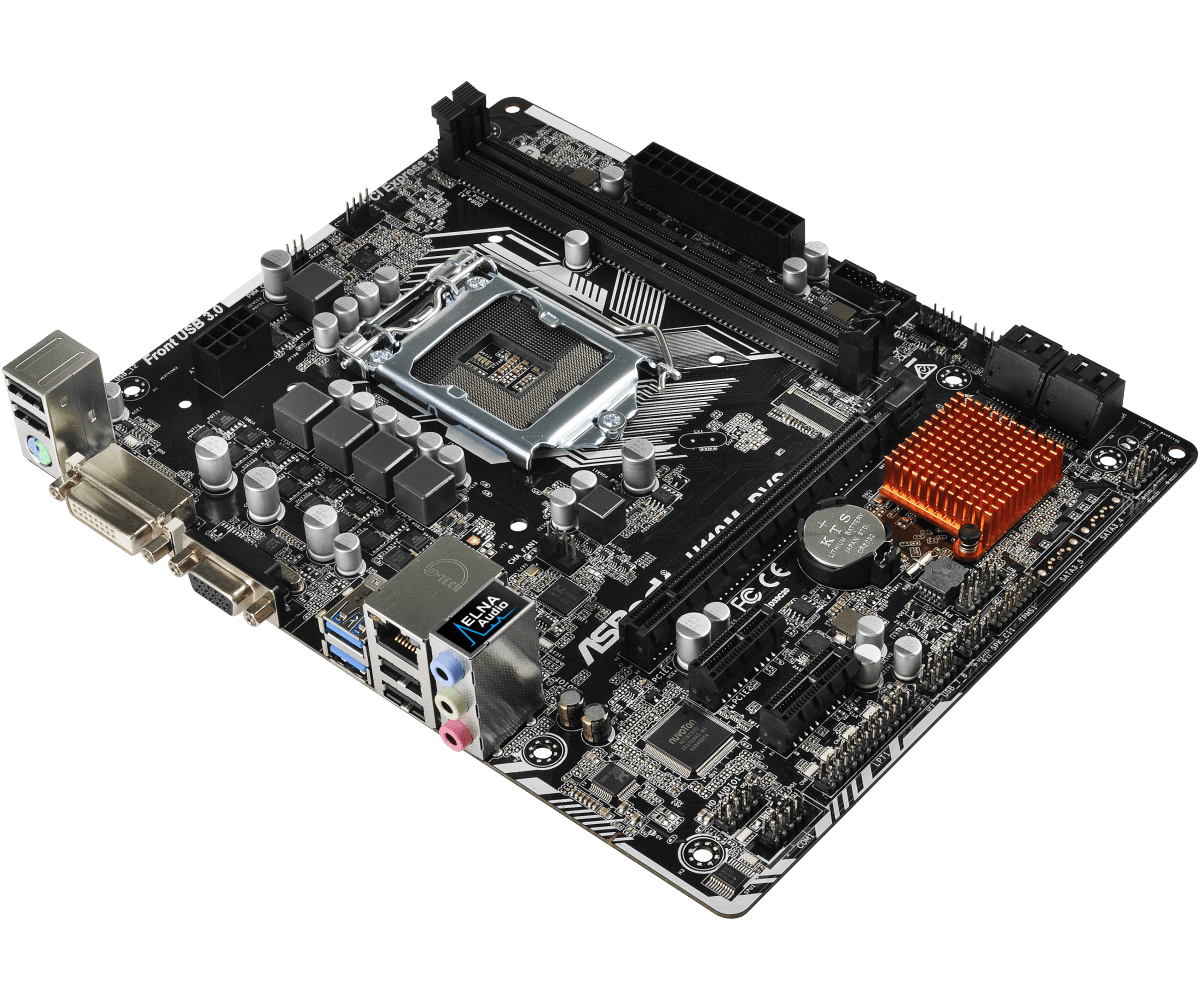 ASRock H110M-DVS R2.0 socket 1151 moederbord - bovenaanzicht met CPU-socket, RAM-slots, PCIe-slots, VRM-componenten en I/O-poorten zichtbaar