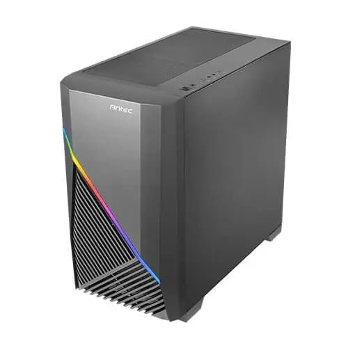 Front view of Intel Core I5 10400F - GTX 1650 - 16GB - 480GB SSD - W11 gaming PC in Antec Draco black case with RGB lighting accent stripe